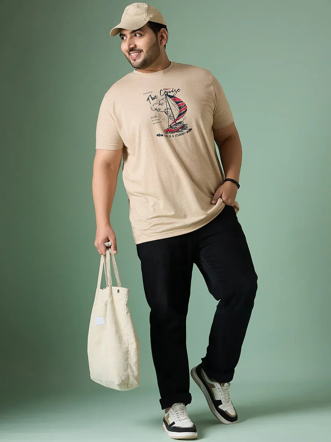 Men Plus Size Prisme Solid Beige Round Neck Tshirt - bigbanana