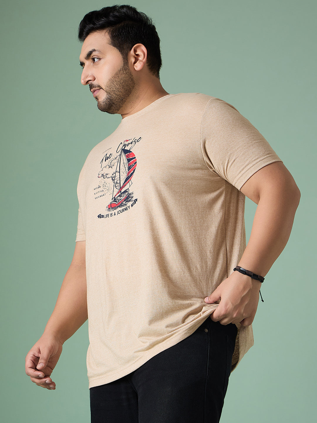 Men Plus Size Prisme Solid Beige Round Neck Tshirt - bigbanana
