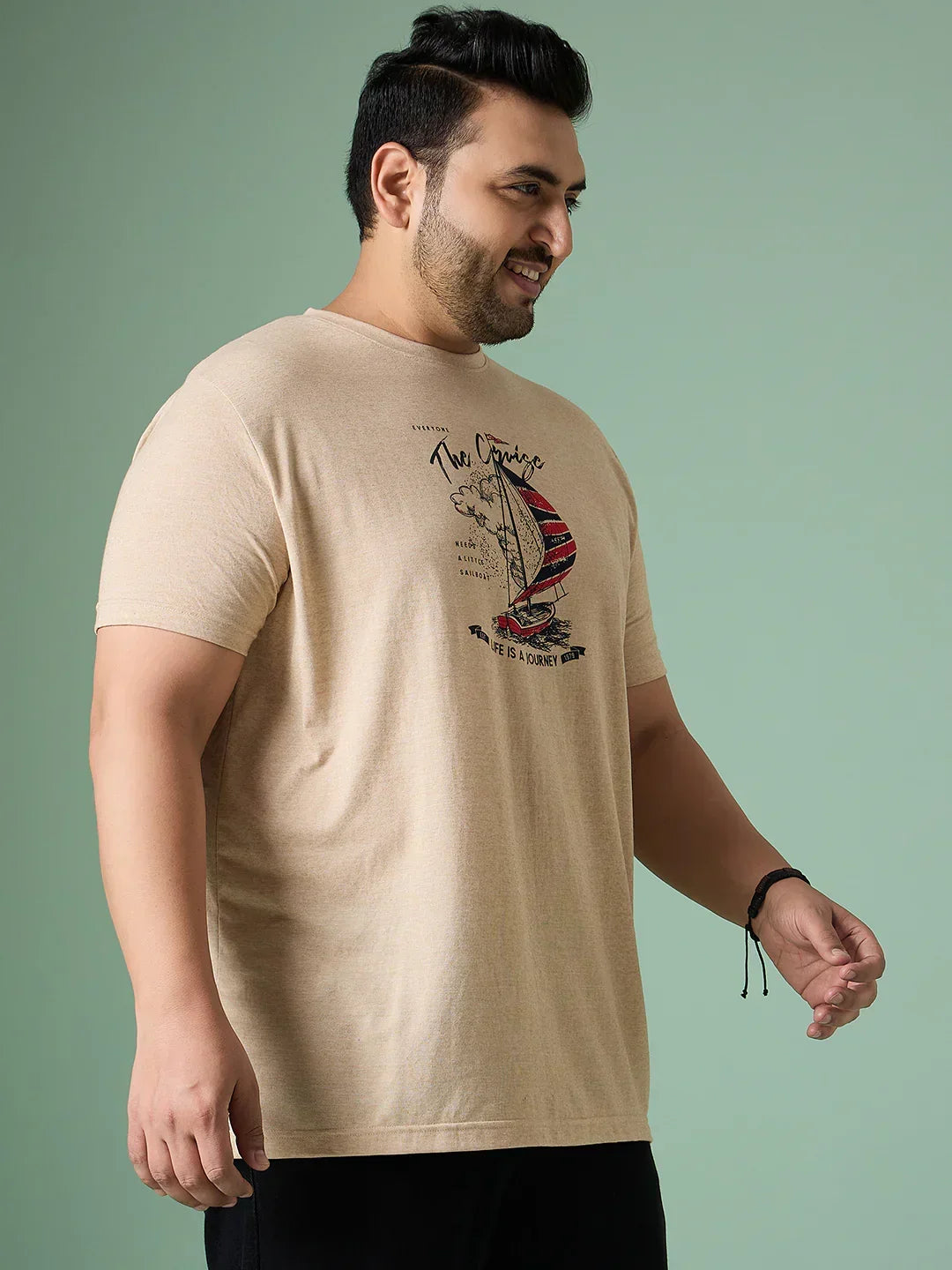 Men Plus Size Prisme Solid Beige Round Neck Tshirt - bigbanana