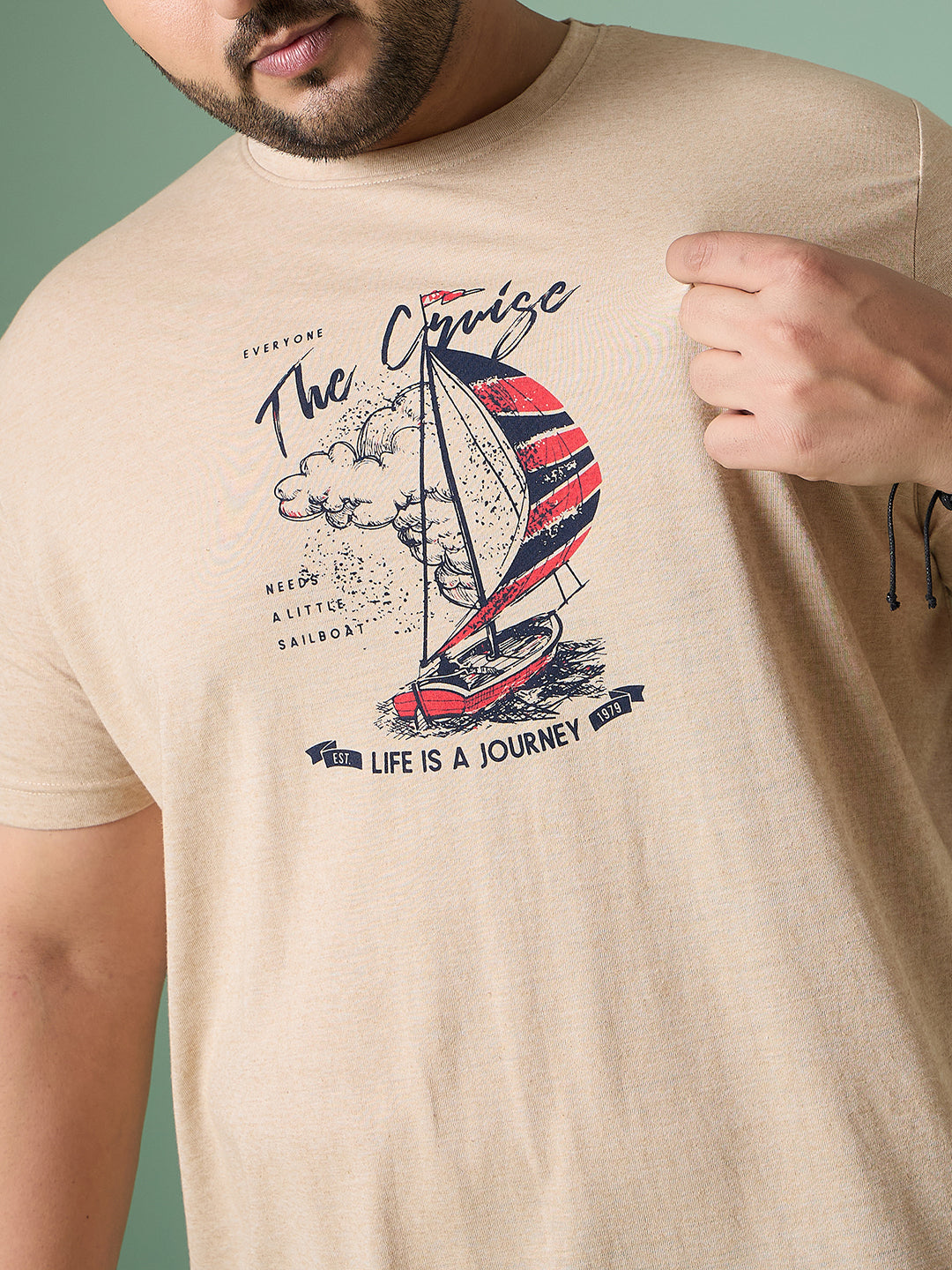 Men Plus Size Prisme Solid Beige Round Neck Tshirt - bigbanana