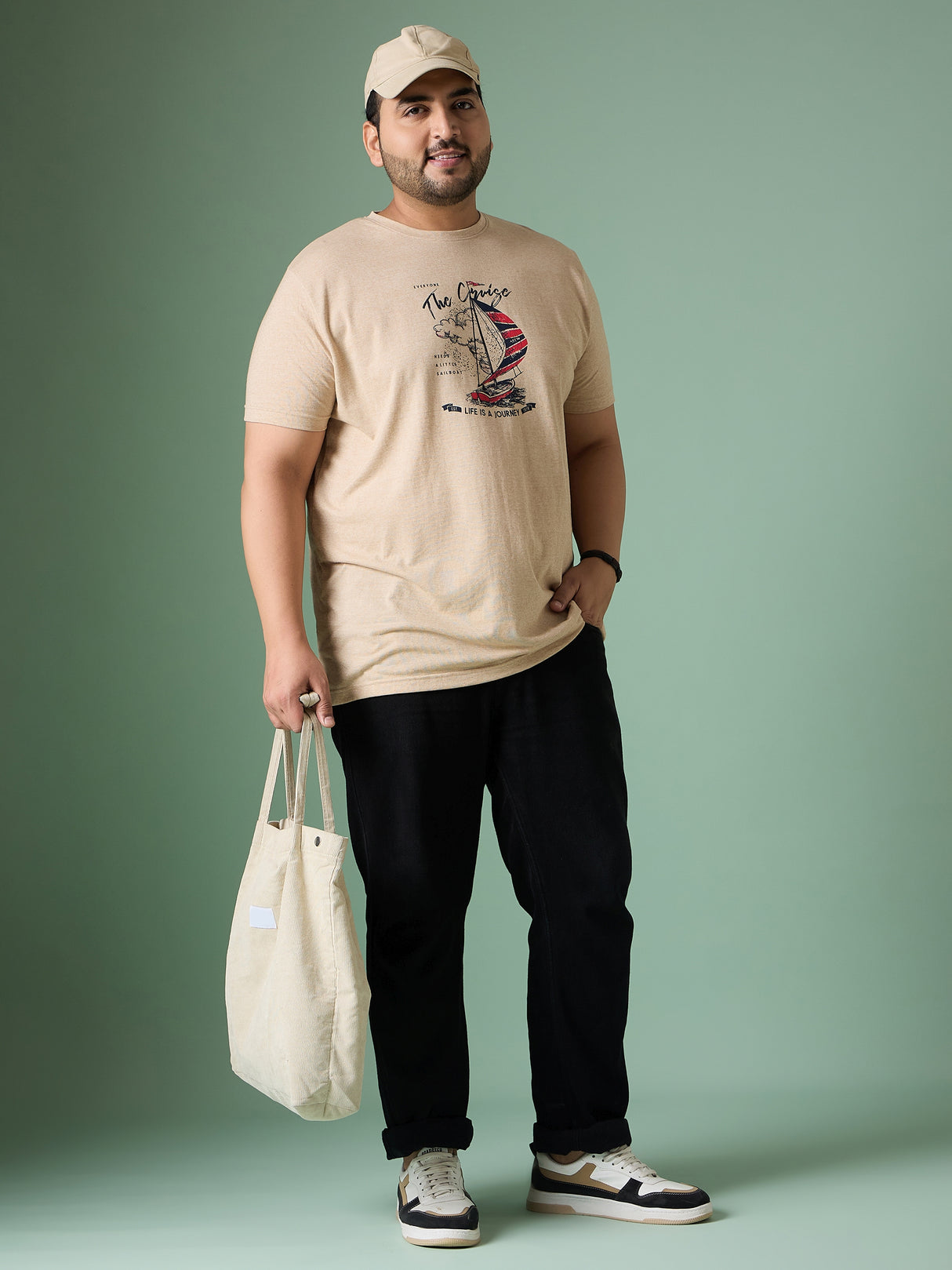 Men Plus Size Prisme Solid Beige Round Neck Tshirt - bigbanana