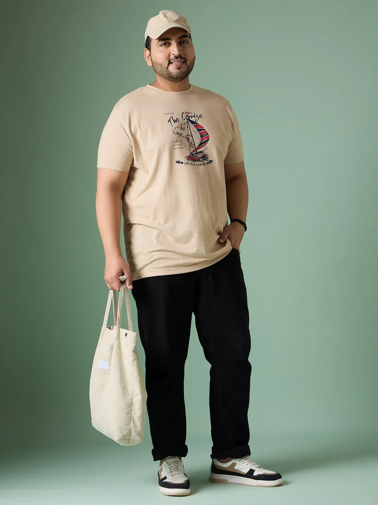 Men Plus Size Prisme Solid Beige Round Neck Tshirt - bigbanana