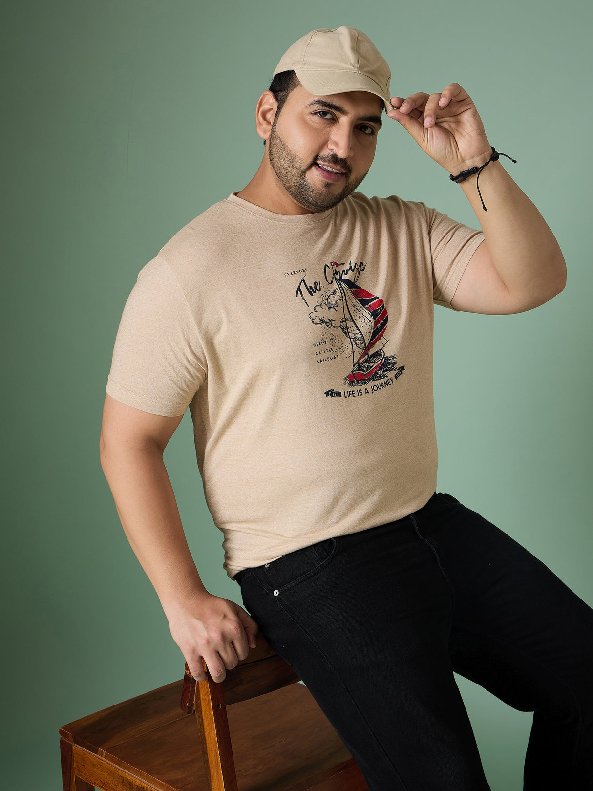 Men Plus Size Prisme Solid Beige Round Neck Tshirt - bigbanana