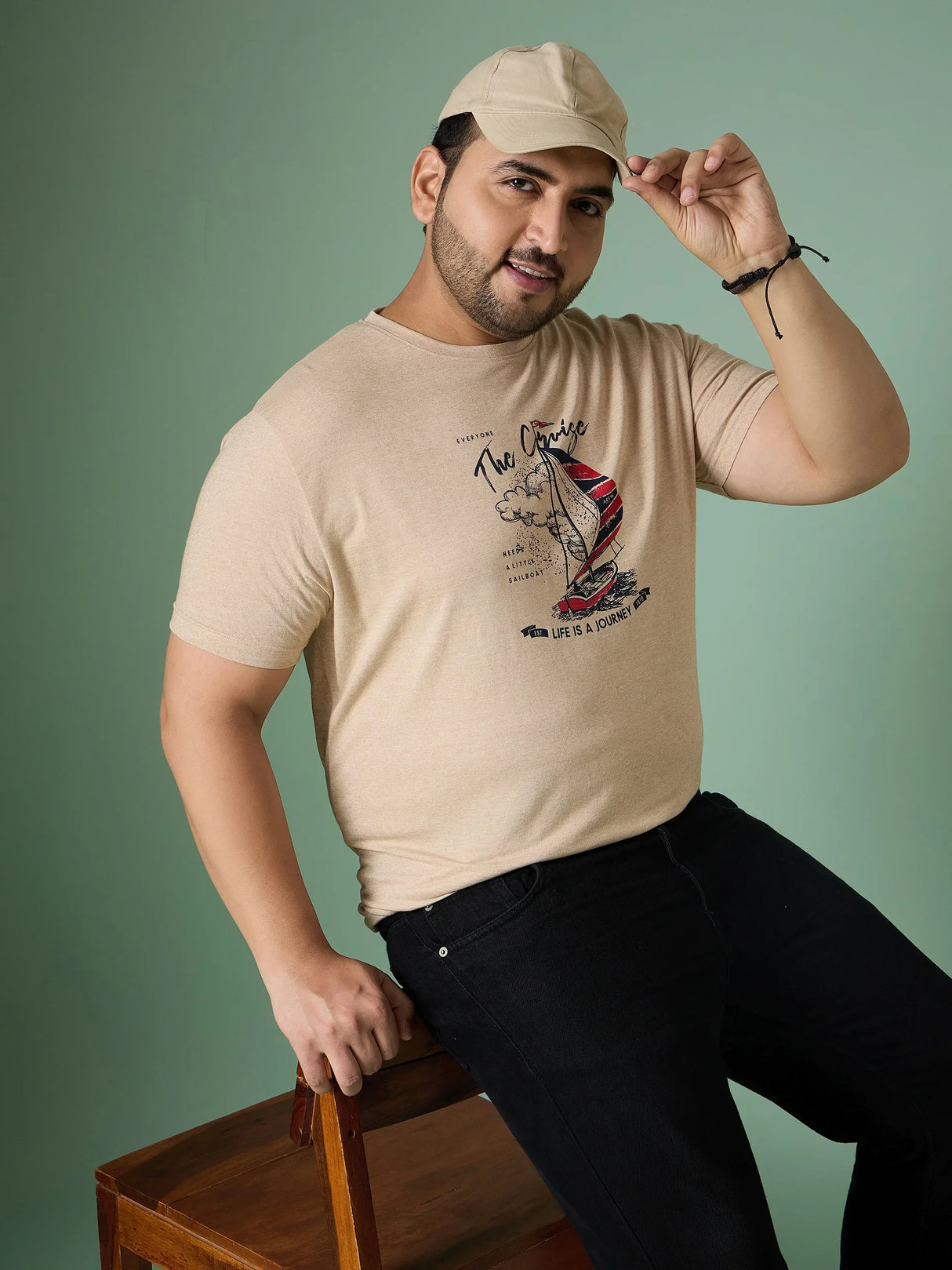 Men Plus Size Prisme Solid Beige Round Neck Tshirt - bigbanana