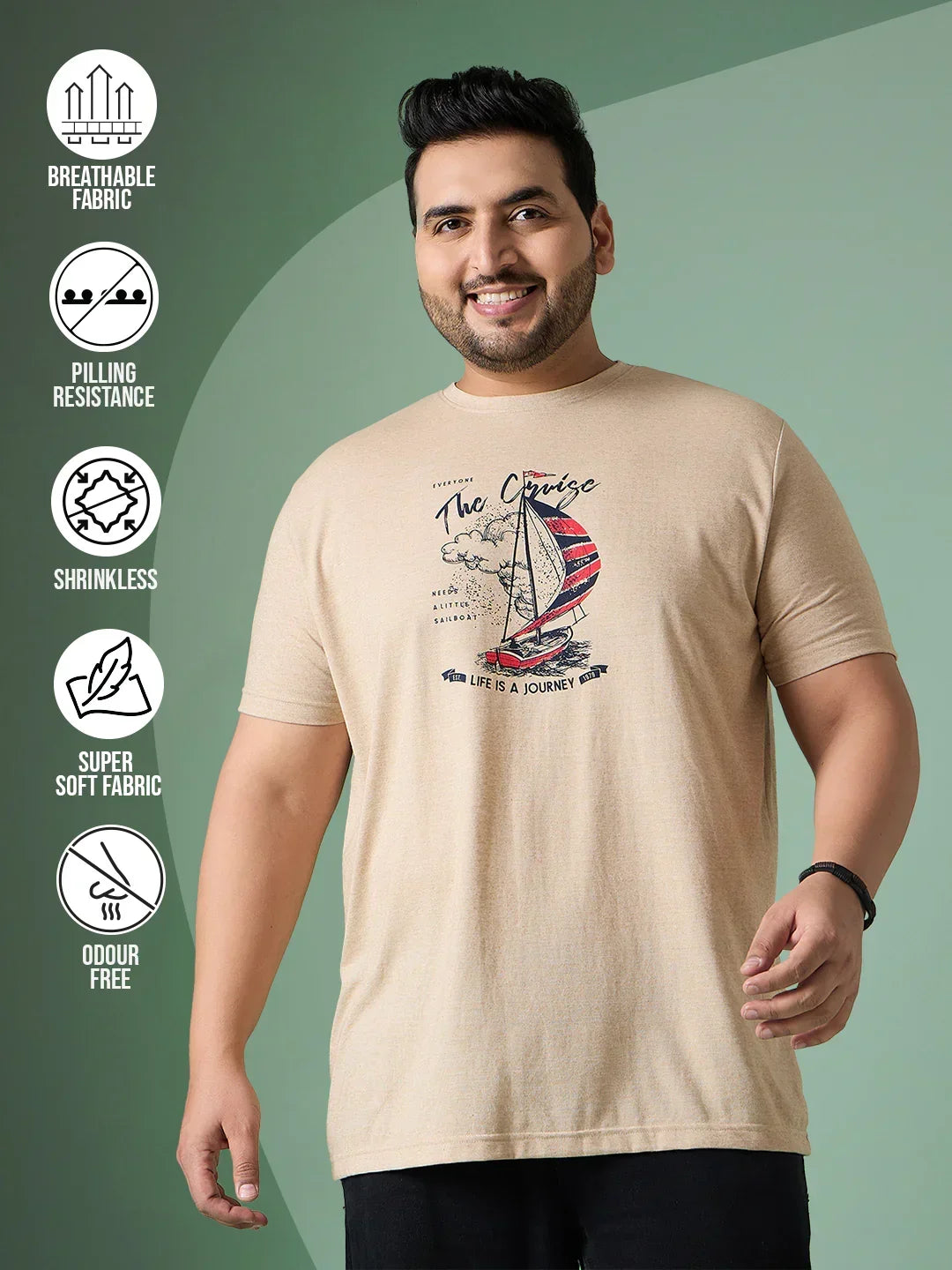 Men Plus Size Prisme Solid Beige Round Neck Tshirt
