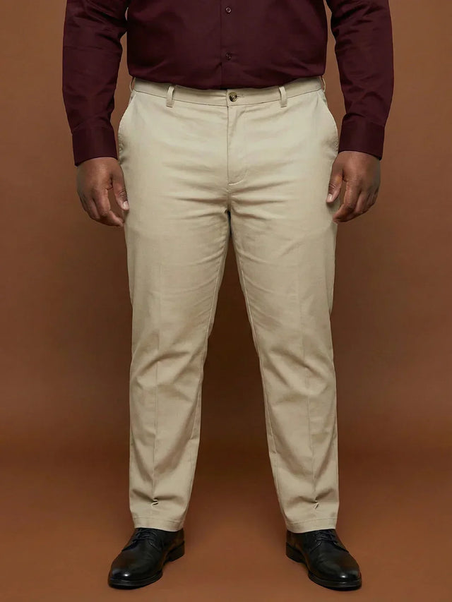 Men Plus Size Pristine-Beige Textured Formal Pants