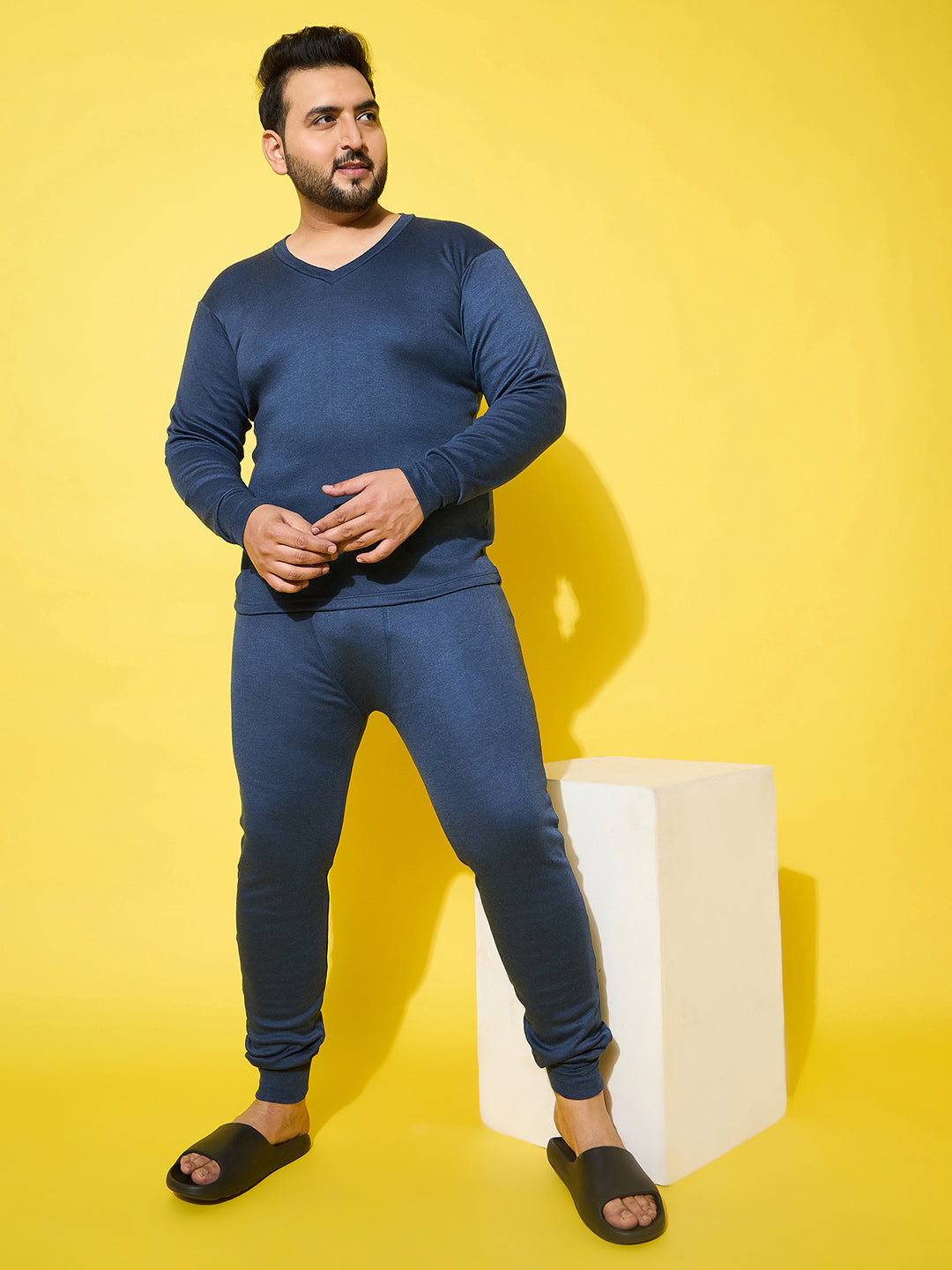 Men Plus Size Pyre-Blue Solid Thermal Bottom