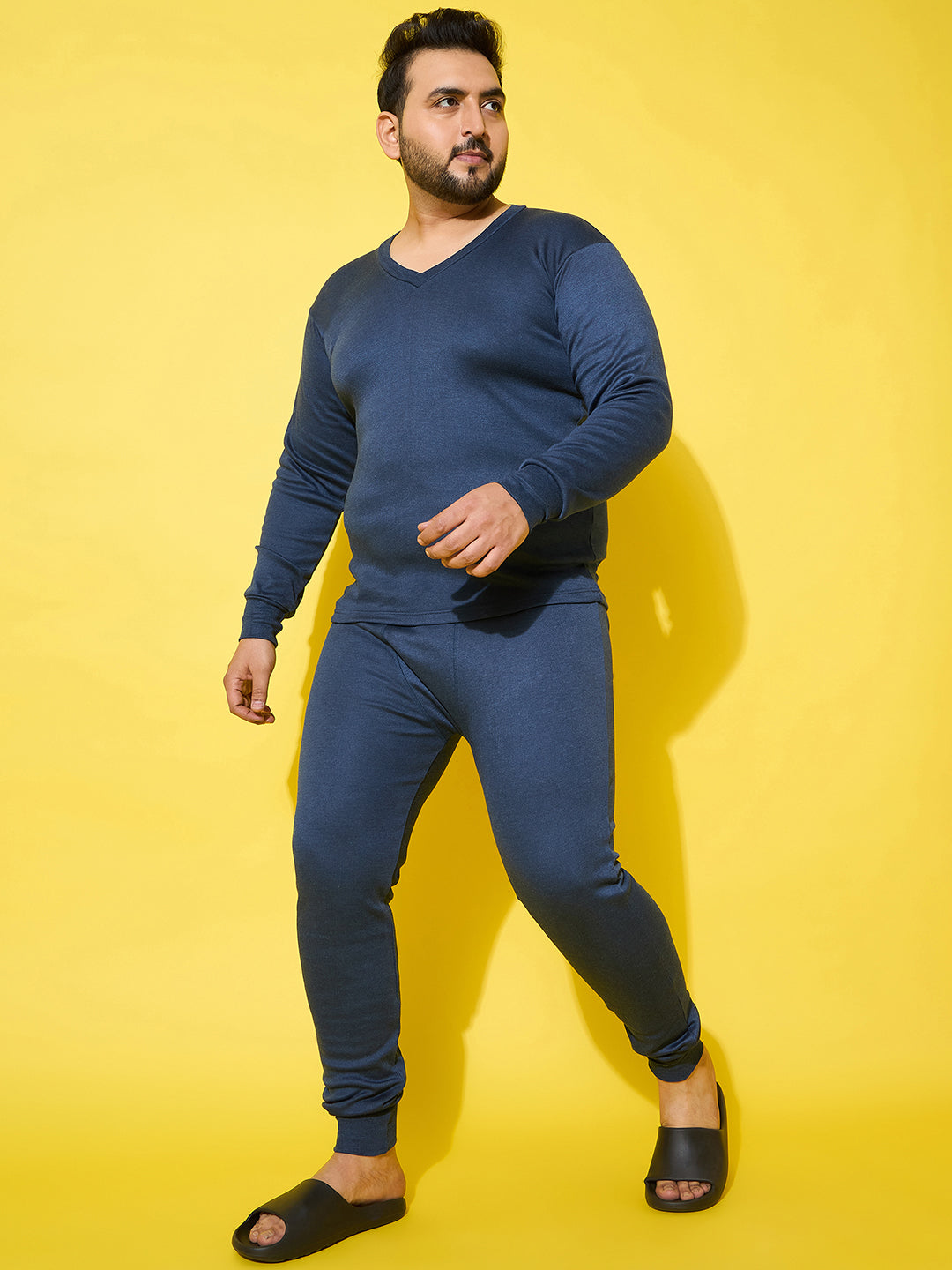 Men Plus Size Pyre-Blue Solid Thermal Bottom
