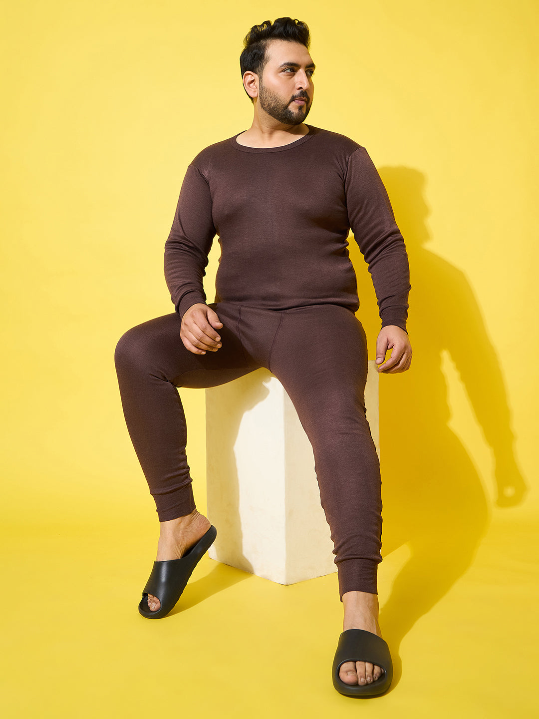 Men Plus Size Pyre-Brown Solid Thermal Bottom