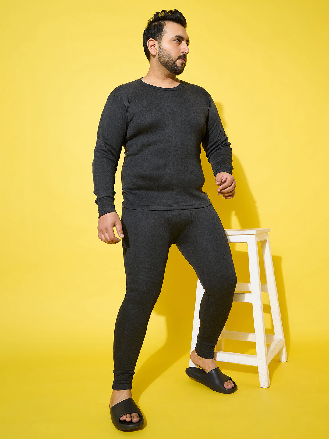 Men Plus Size Pyre-Dark Grey Solid Thermal Bottom
