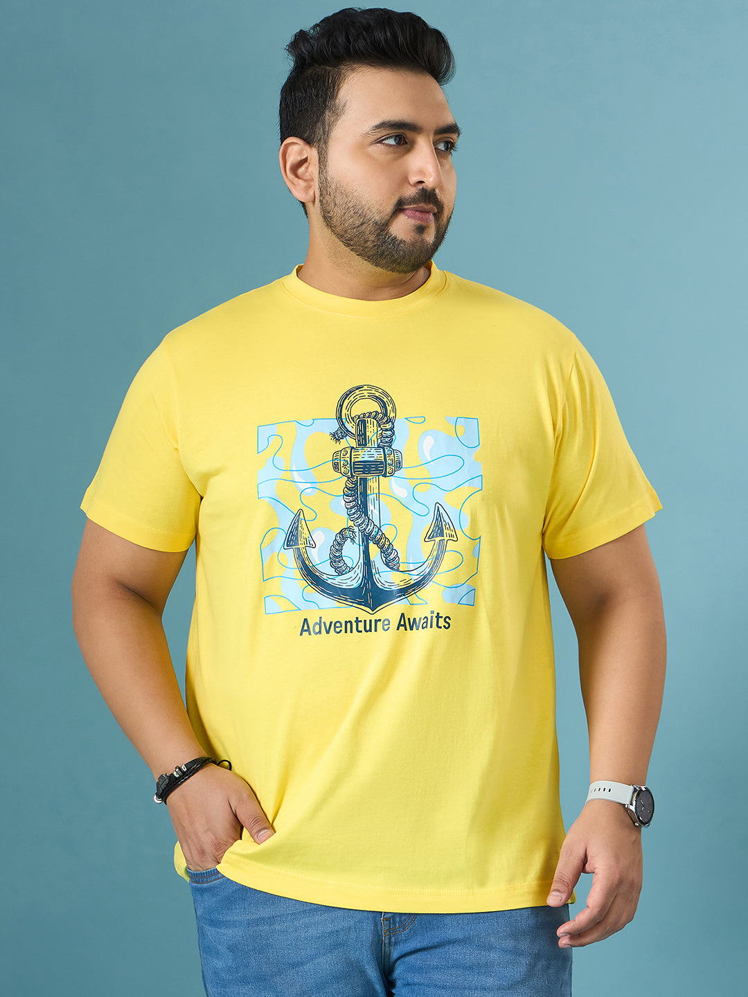 Men Plus Size Quest Yellow Printed Round Neck Tshirt