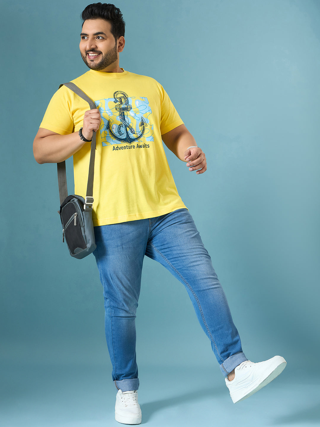 Men Plus Size Quest Yellow Printed Round Neck Tshirt