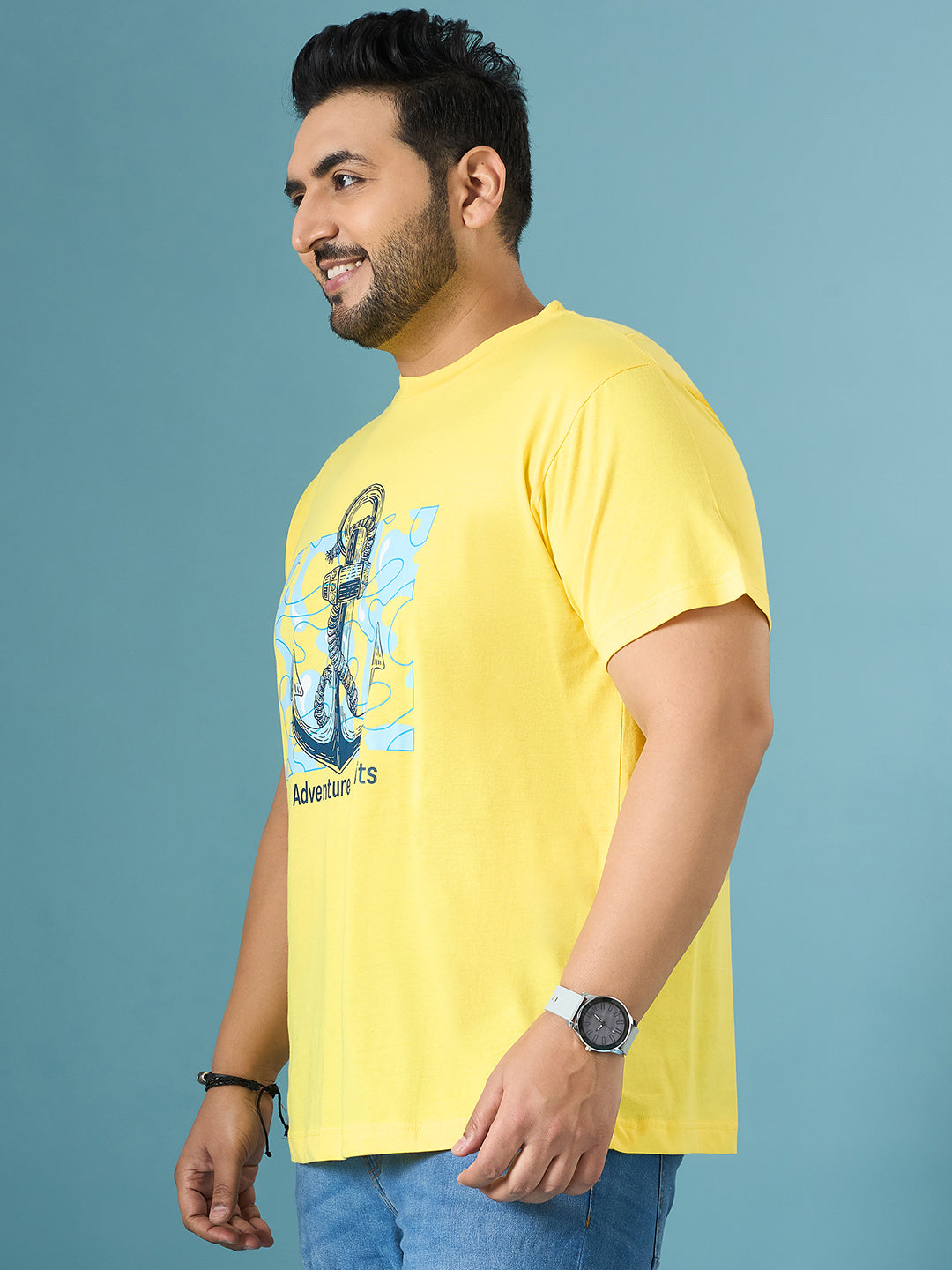 Men Plus Size Quest Yellow Printed Round Neck Tshirt