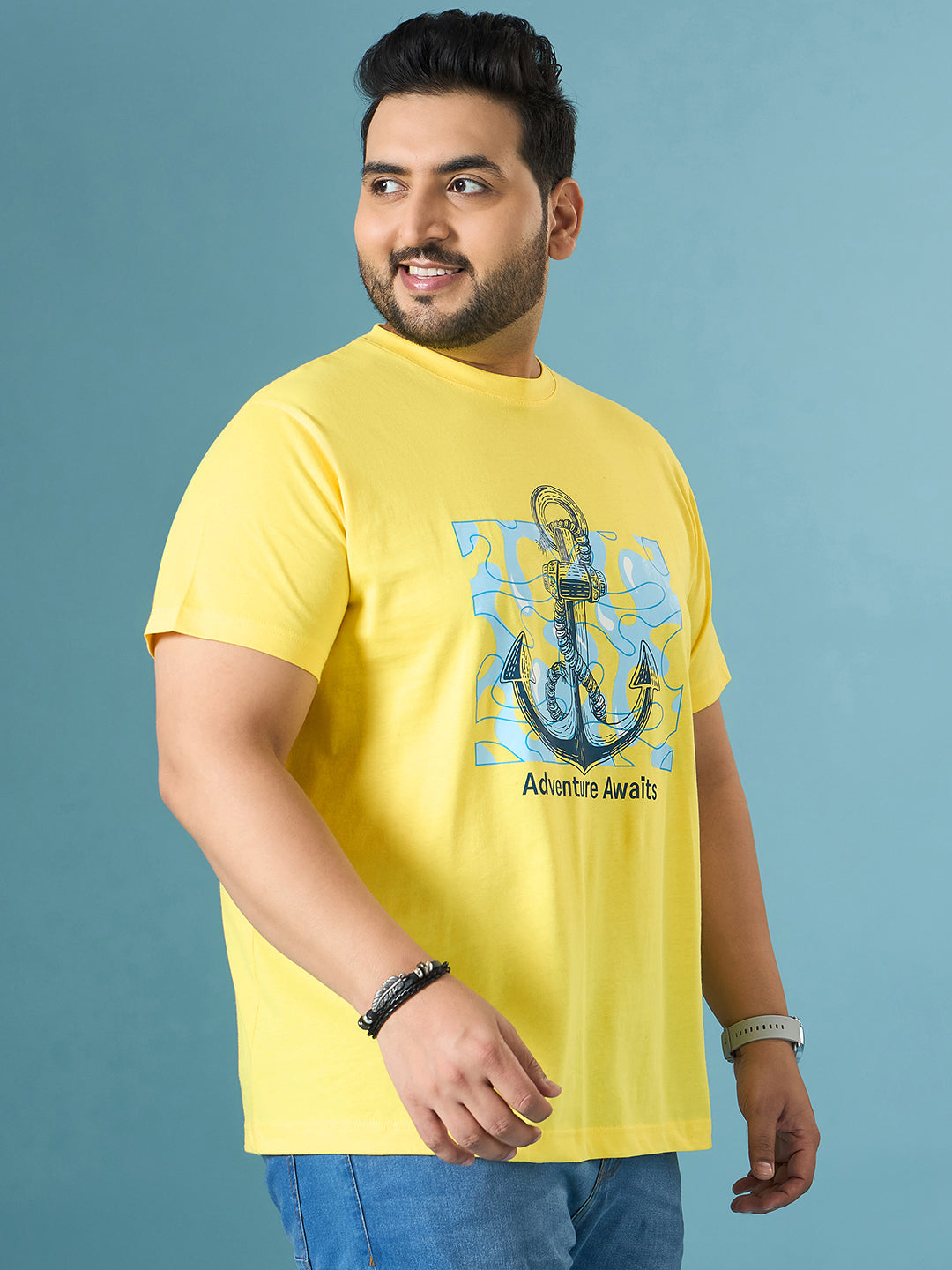 Men Plus Size Quest Yellow Printed Round Neck Tshirt
