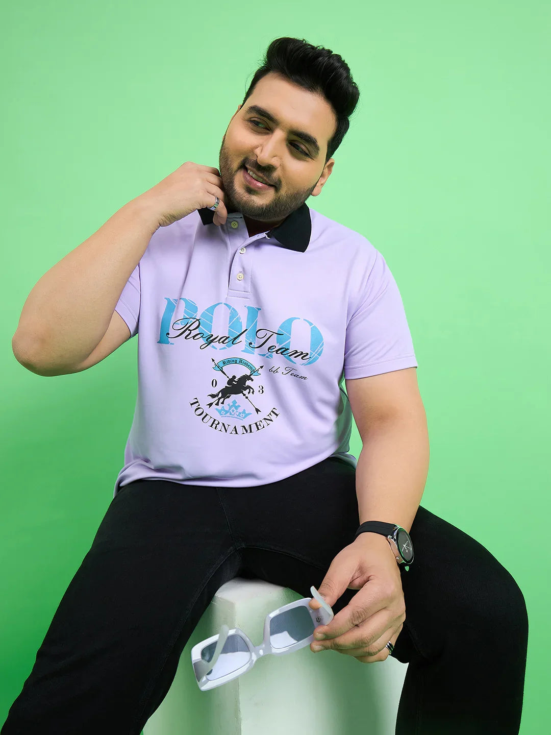 Men Plus Size Rime Lavender Chest Printed Polo T-shirt - bigbanana
