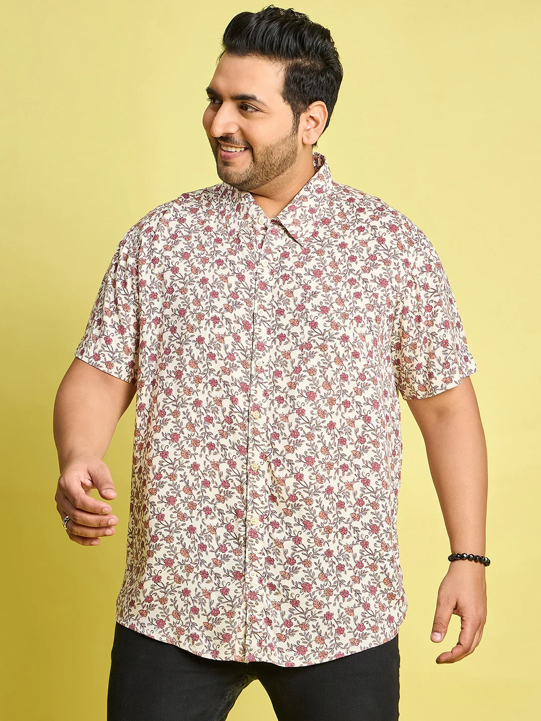 Men Plus Size Rupter Floral Printed Peach Color Shirt - bigbanana