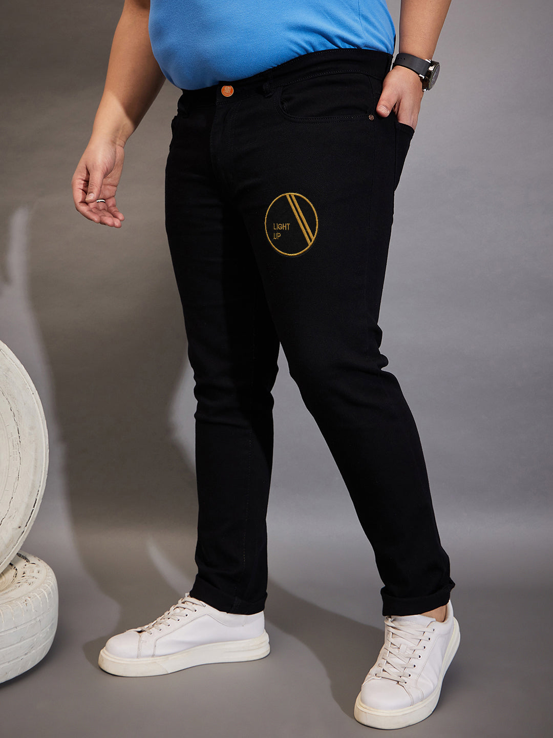 Men Plus Size Black Solce Solid Jeans - bigbanana