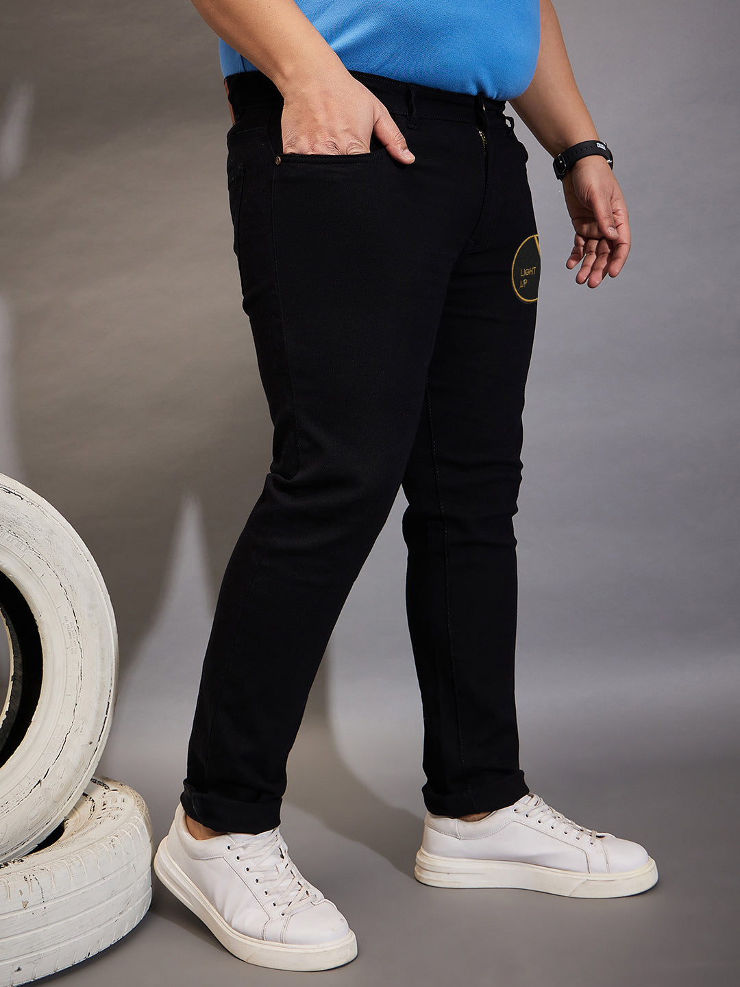 Men Plus Size Black Solce Solid Jeans - bigbanana