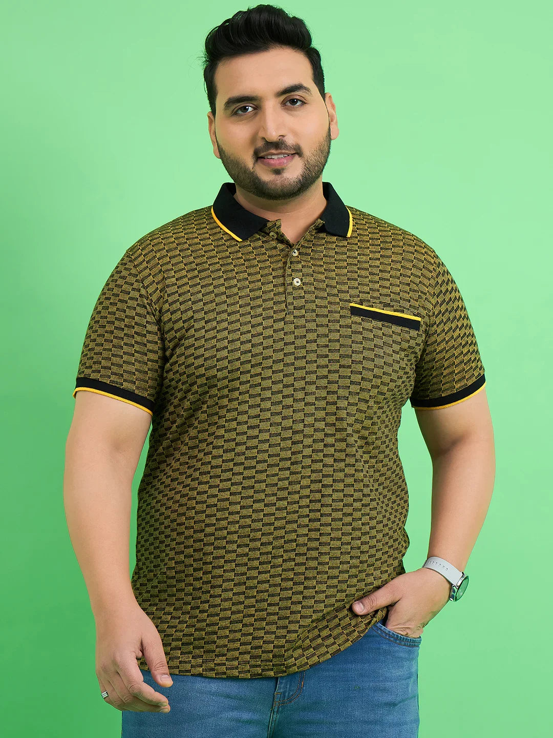 Men Plus Size Saddle Yellow Textured Polo Tshirt - bigbanana