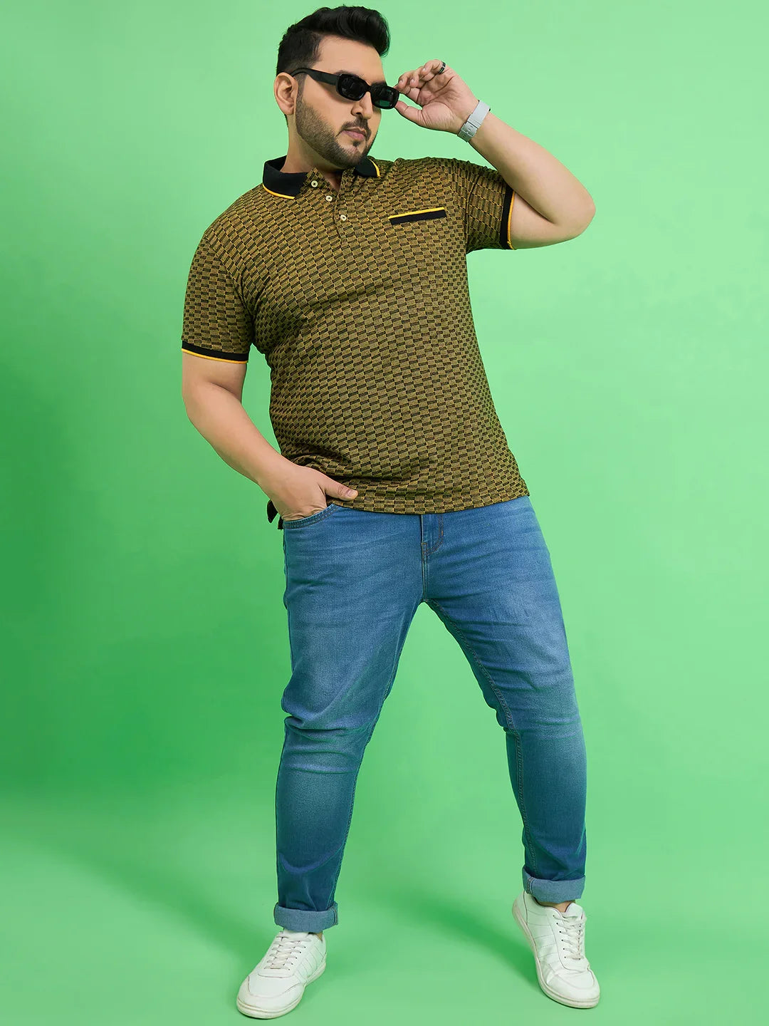 Men Plus Size Saddle Yellow Textured Polo Tshirt - bigbanana