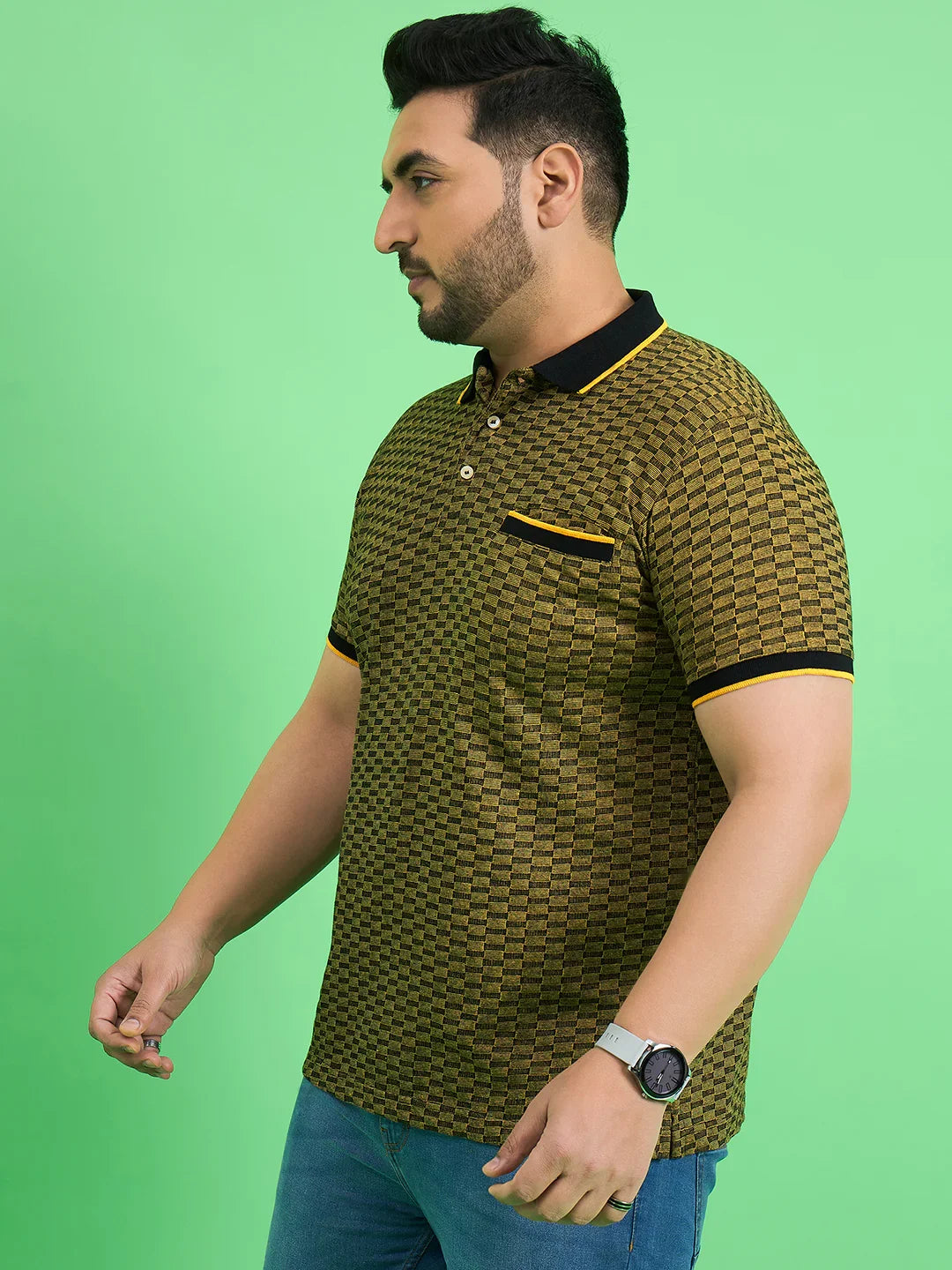 Men Plus Size Saddle Yellow Textured Polo Tshirt - bigbanana