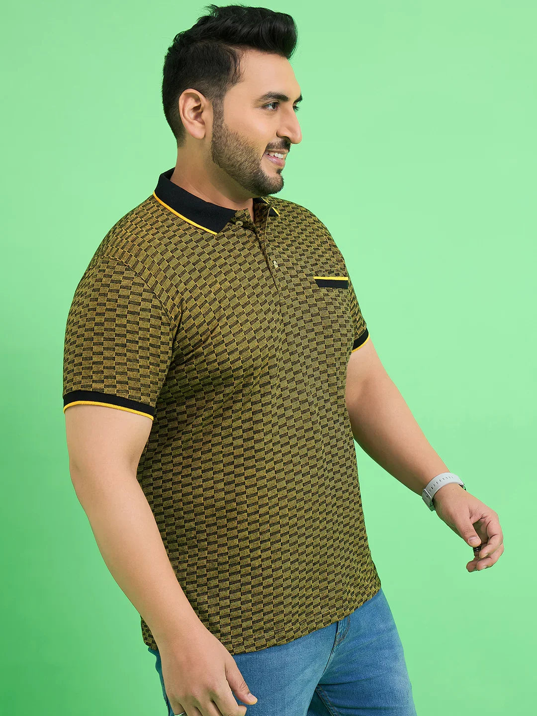Men Plus Size Saddle Yellow Textured Polo Tshirt - bigbanana