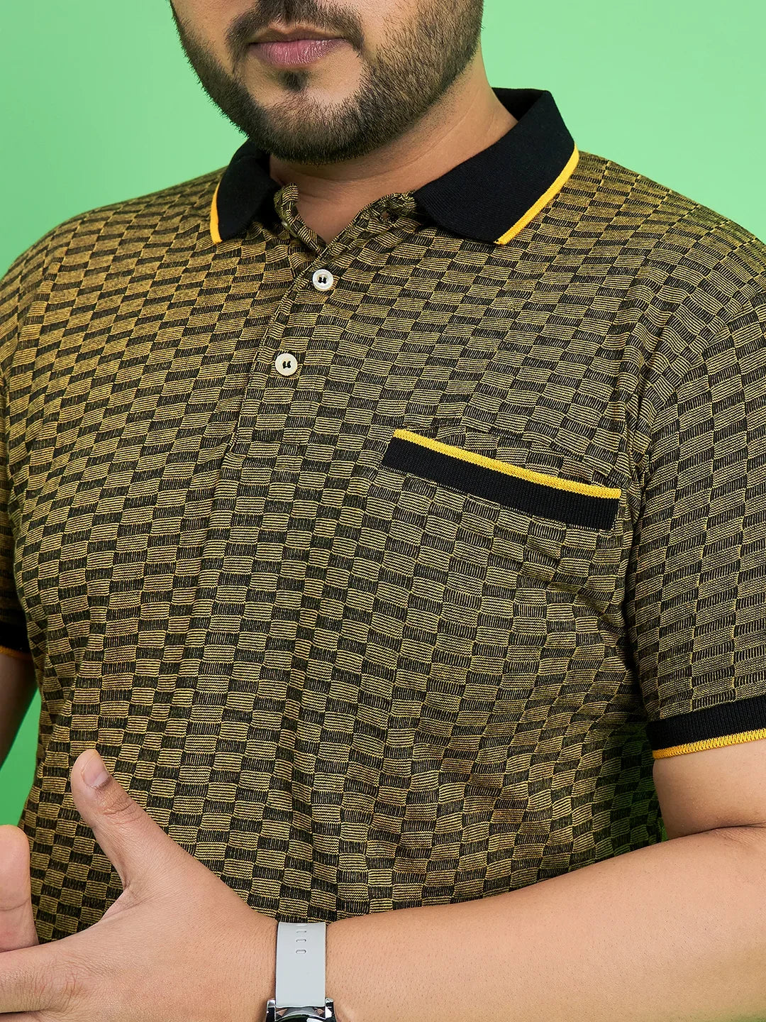 Men Plus Size Saddle Yellow Textured Polo Tshirt - bigbanana