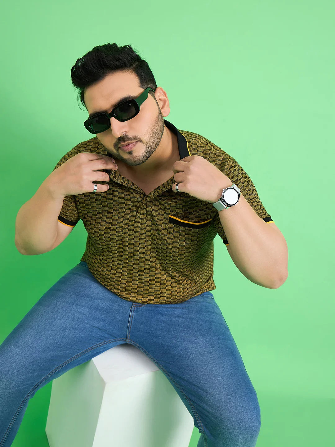 Men Plus Size Saddle Yellow Textured Polo Tshirt - bigbanana