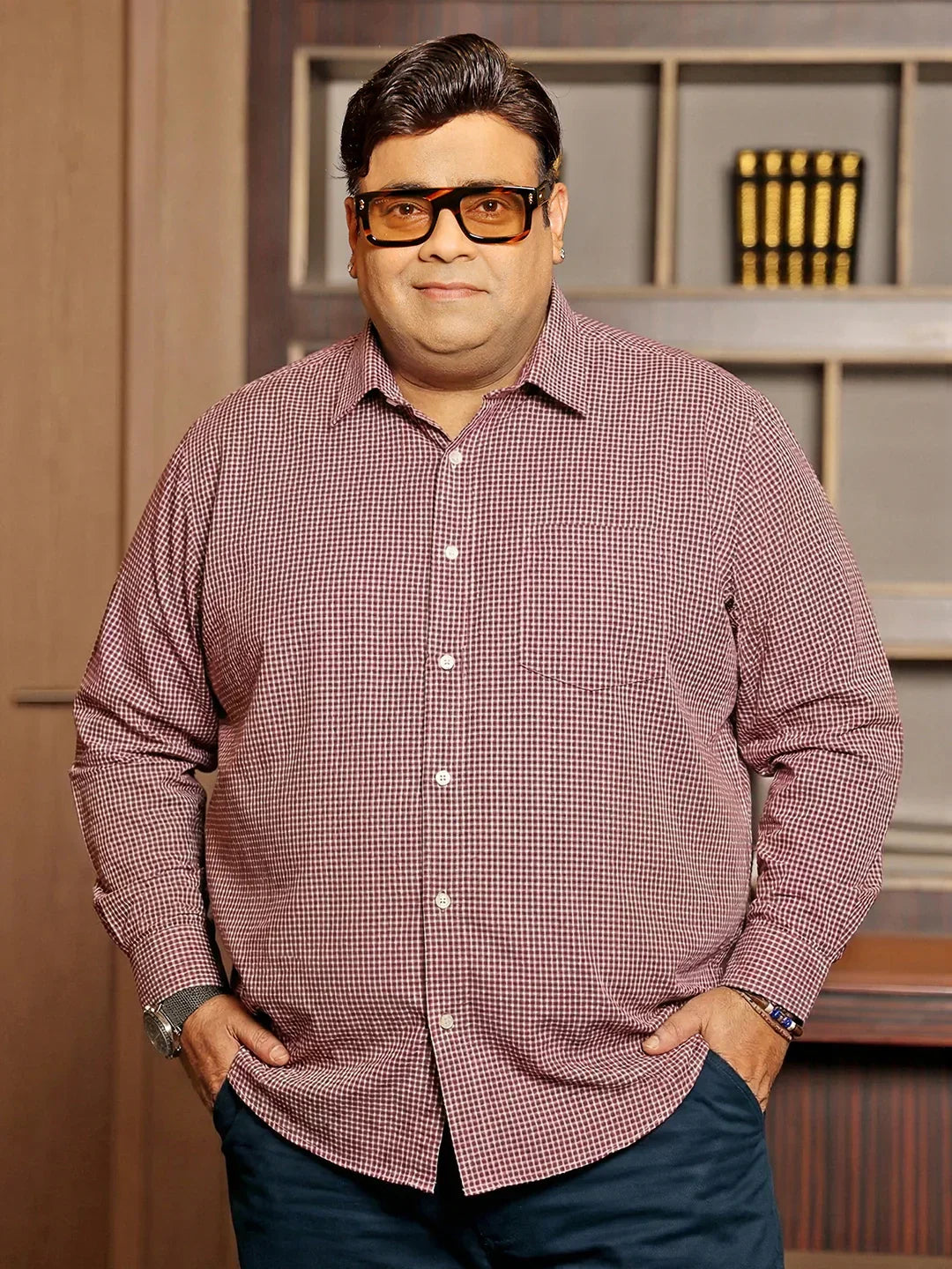 Men Plus Size Sangria Pink Self Design Casual Shirt