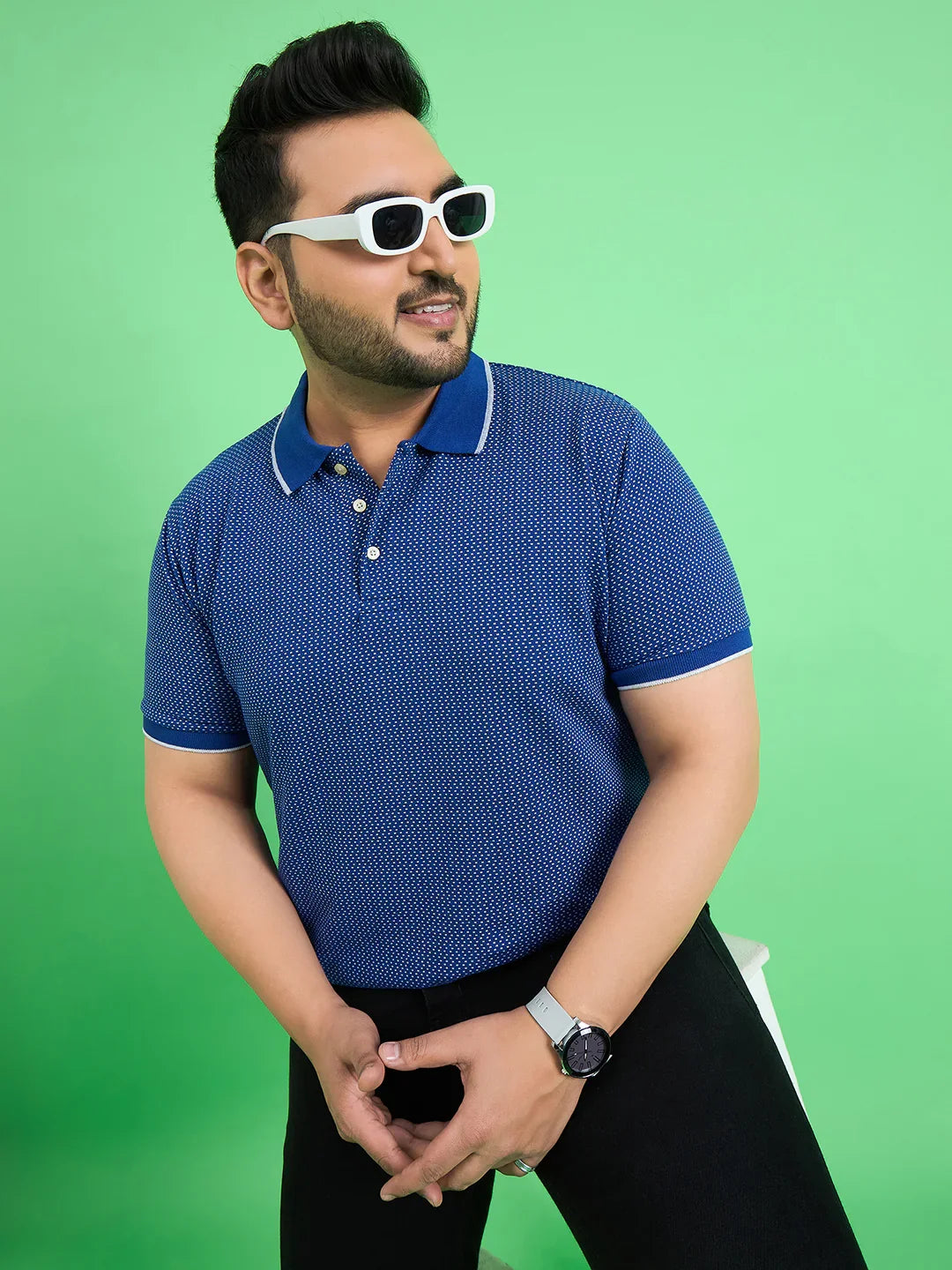 Men Plus Size Scholar Blue Printed Polo Tshirt - bigbanana