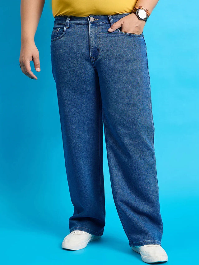 Men Plus Size Scroll-Indigo Blue Solid Jeans - bigbanana
