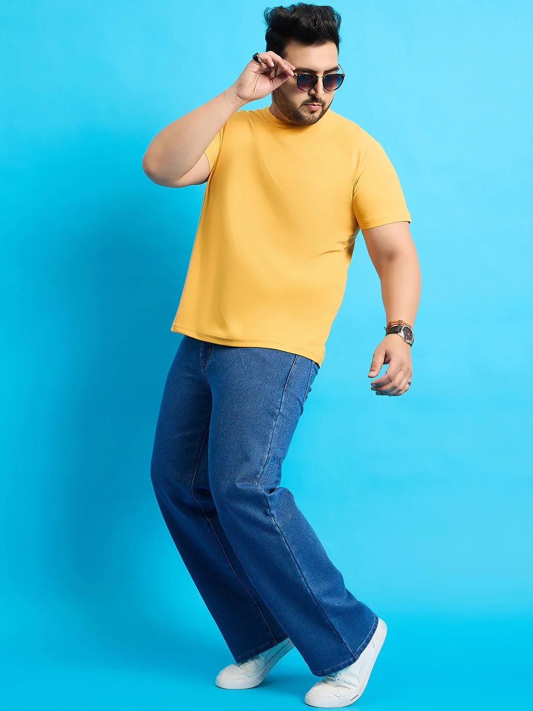 Men Plus Size Scroll-Indigo Blue Solid Jeans - bigbanana