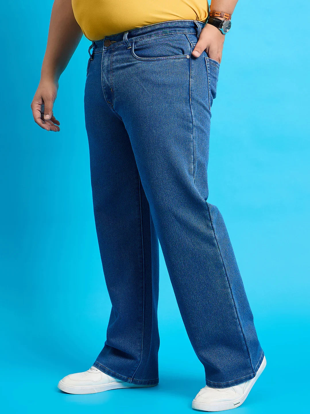 Men Plus Size Scroll-Indigo Blue Solid Jeans - bigbanana