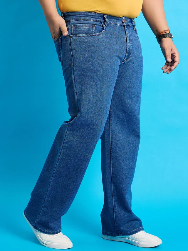 Men Plus Size Scroll-Indigo Blue Solid Jeans - bigbanana