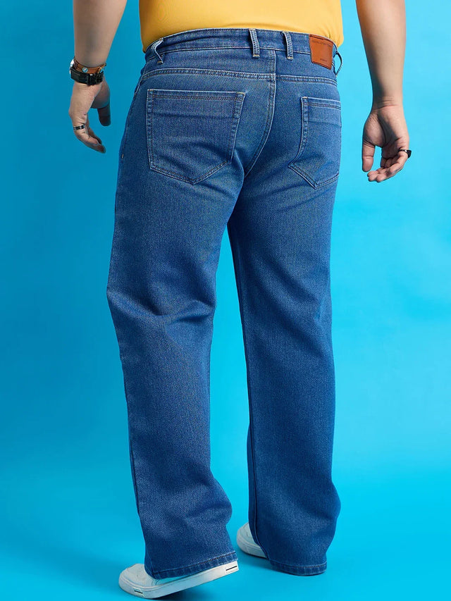 Men Plus Size Scroll-Indigo Blue Solid Jeans - bigbanana