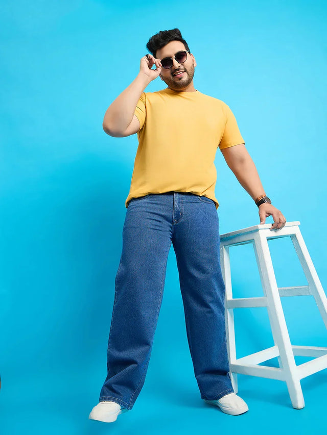 Men Plus Size Scroll-Indigo Blue Solid Jeans - bigbanana