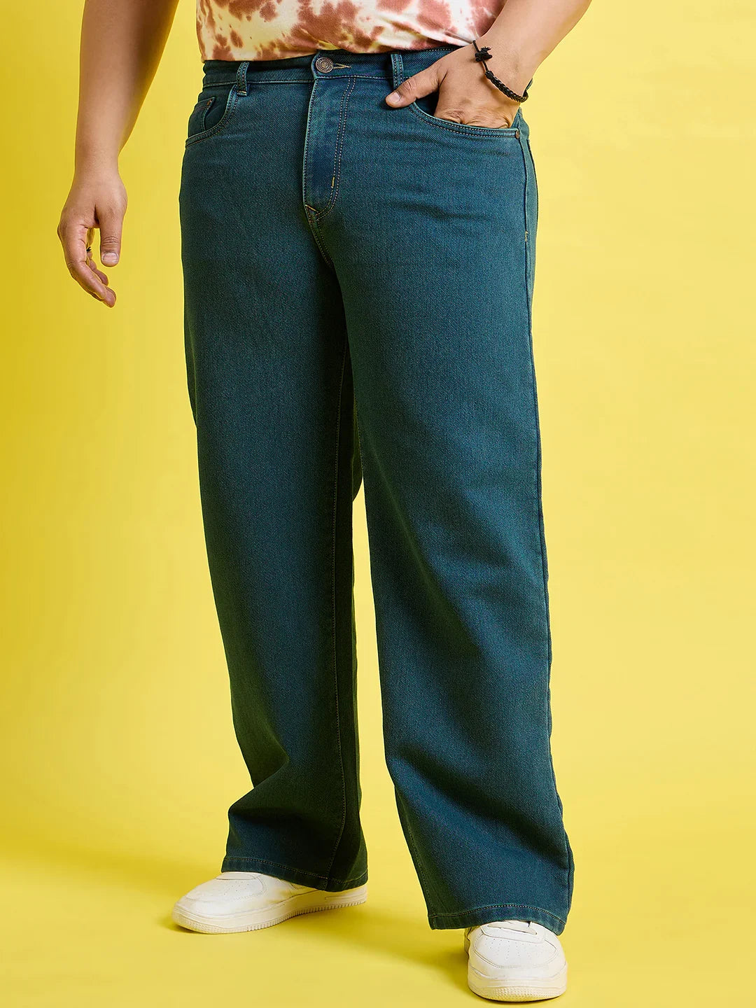 Men Plus Size Scroll-Ocean Blue Solid Jeans - bigbanana