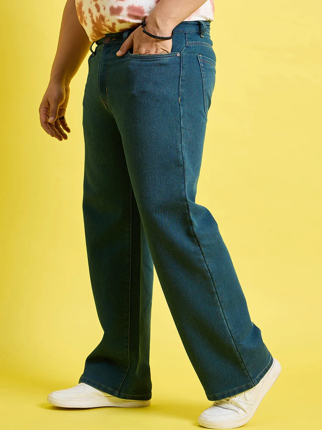 Men Plus Size Scroll-Ocean Blue Solid Jeans - bigbanana