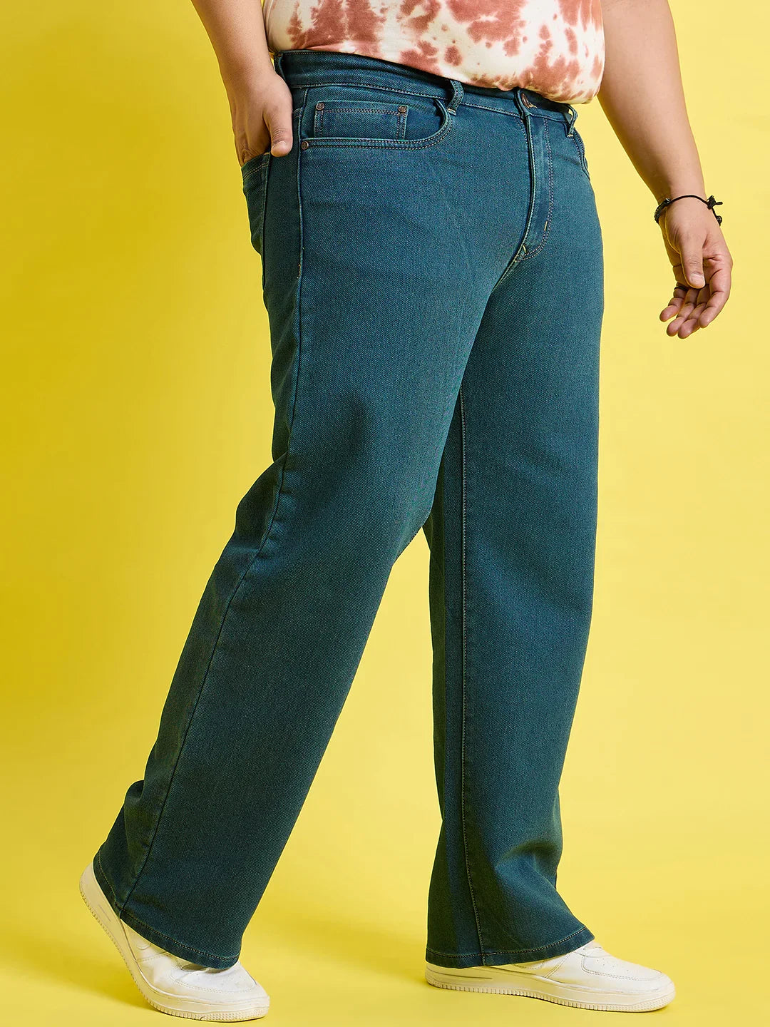 Men Plus Size Scroll-Ocean Blue Solid Jeans - bigbanana