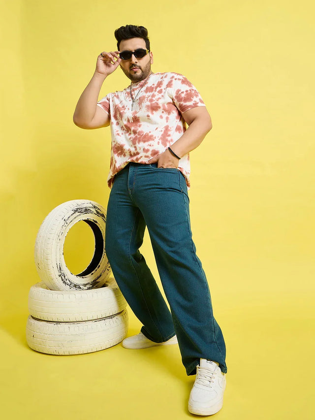 Men Plus Size Scroll-Ocean Blue Solid Jeans - bigbanana