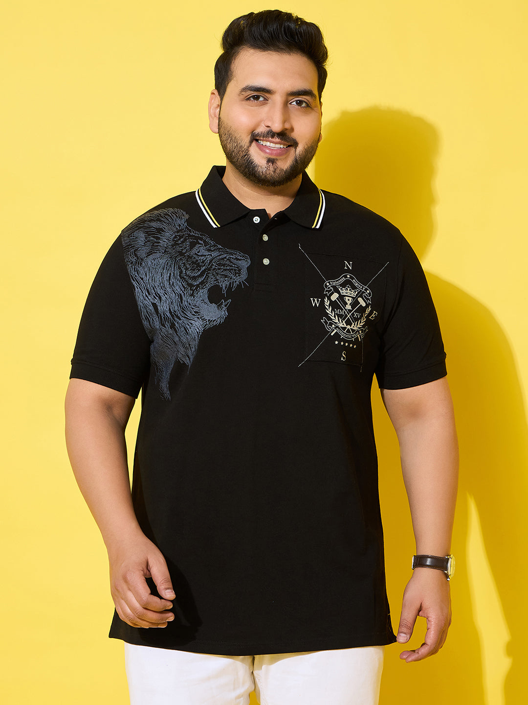 Men Plus Size Shard Black Printed Polo Tshirt