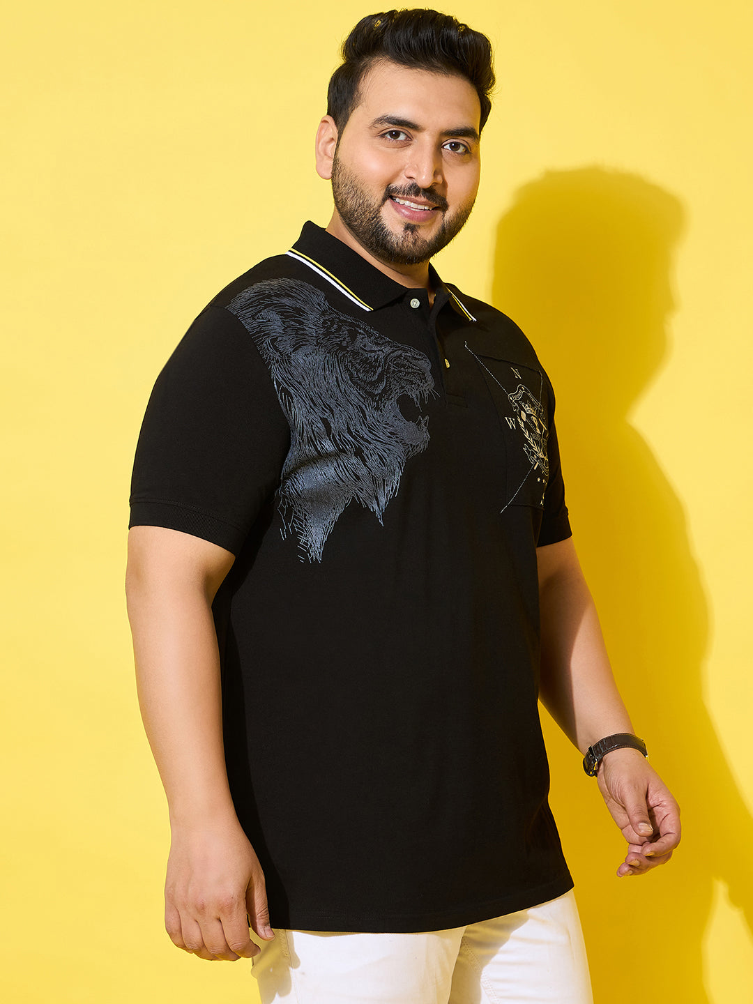 Men Plus Size Shard Black Printed Polo Tshirt