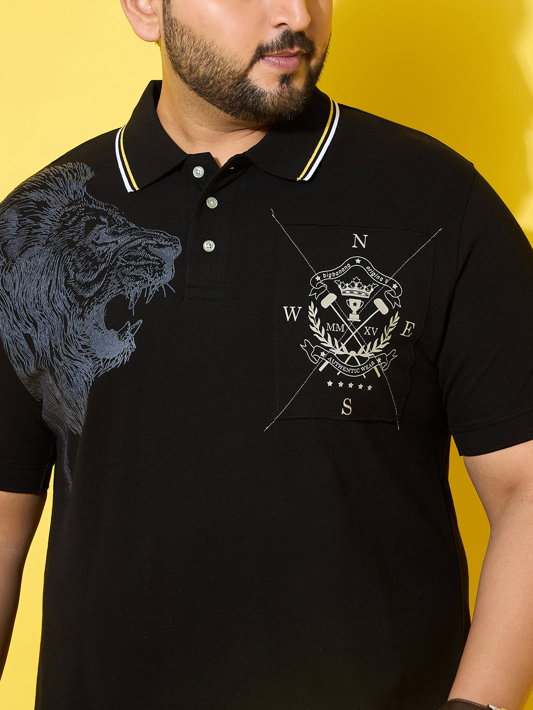 Men Plus Size Shard Black Printed Polo Tshirt