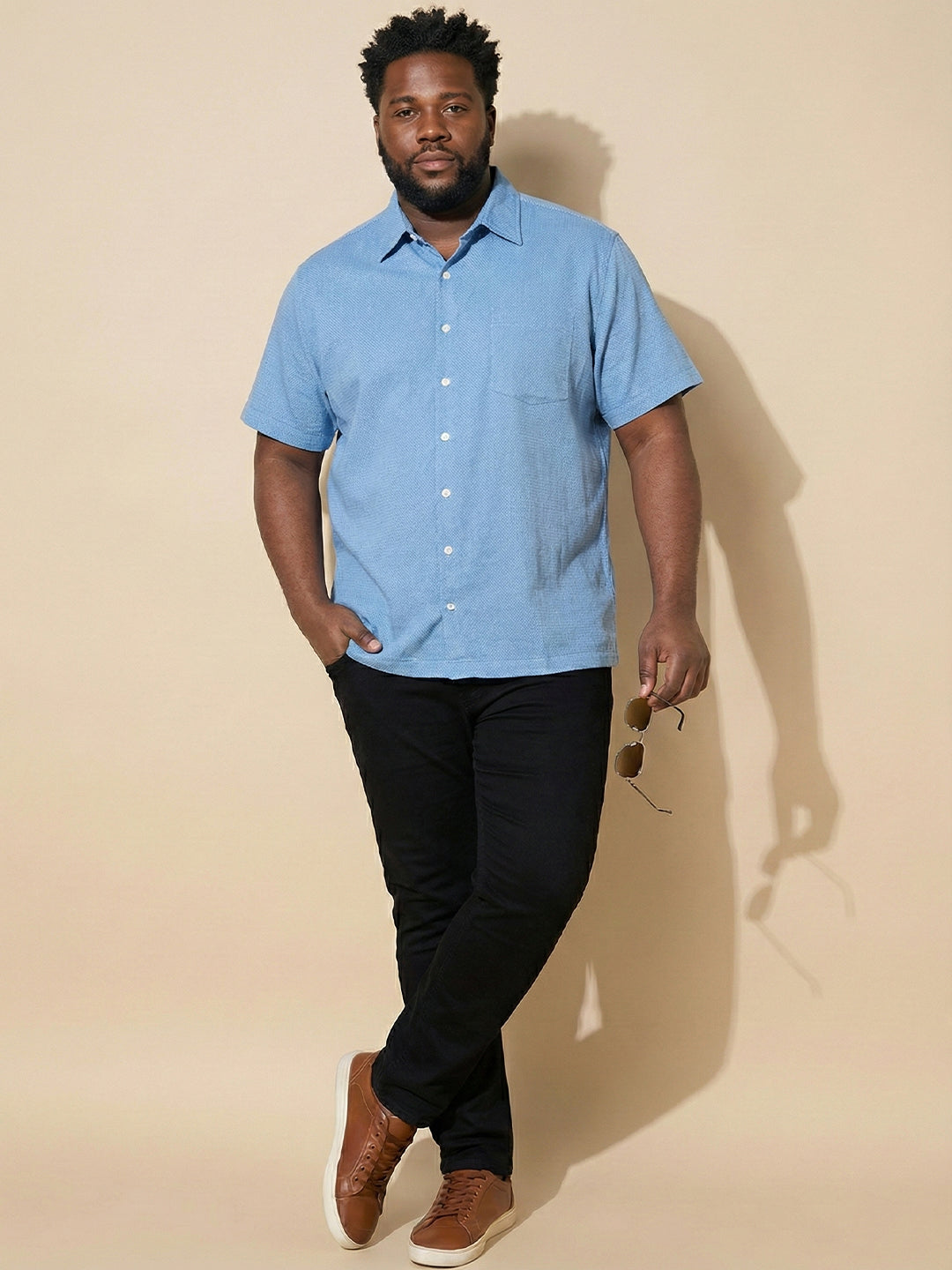 Men Plus Size Prussian Blue Self Design Casual Shirt