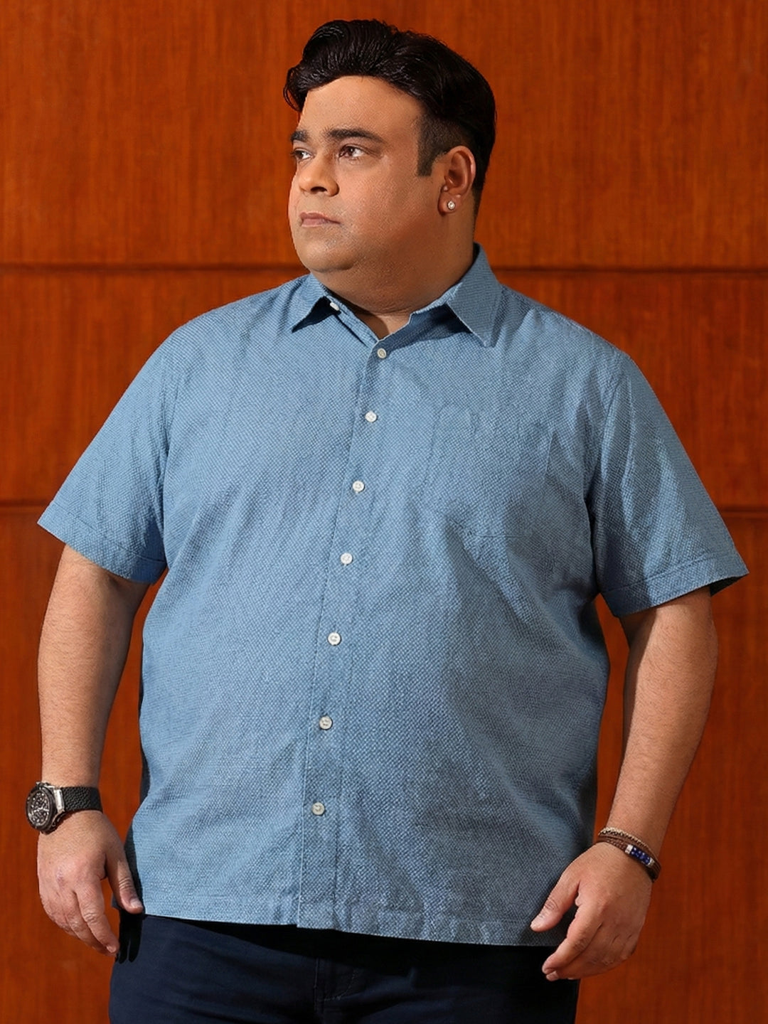 Men Plus Size Prussian Blue Self Design Casual Shirt