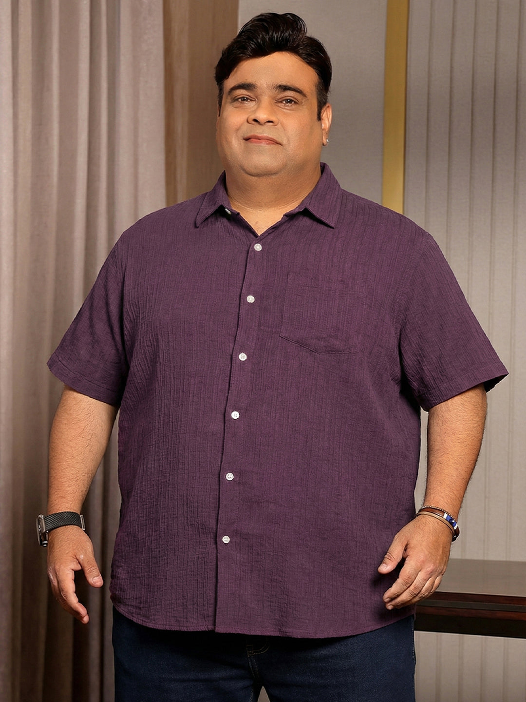 Men Plus Size Rougette Purple Self Design Casual Shirt