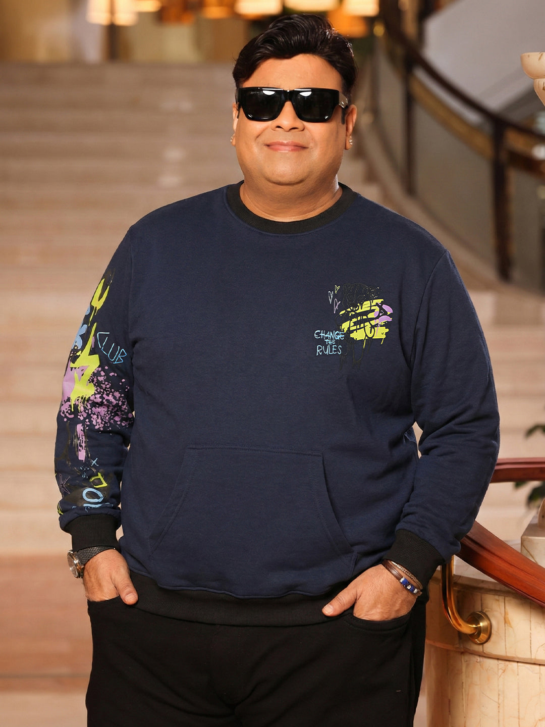 Men Plus Size Sketch-Navy Printed Sweatshirt