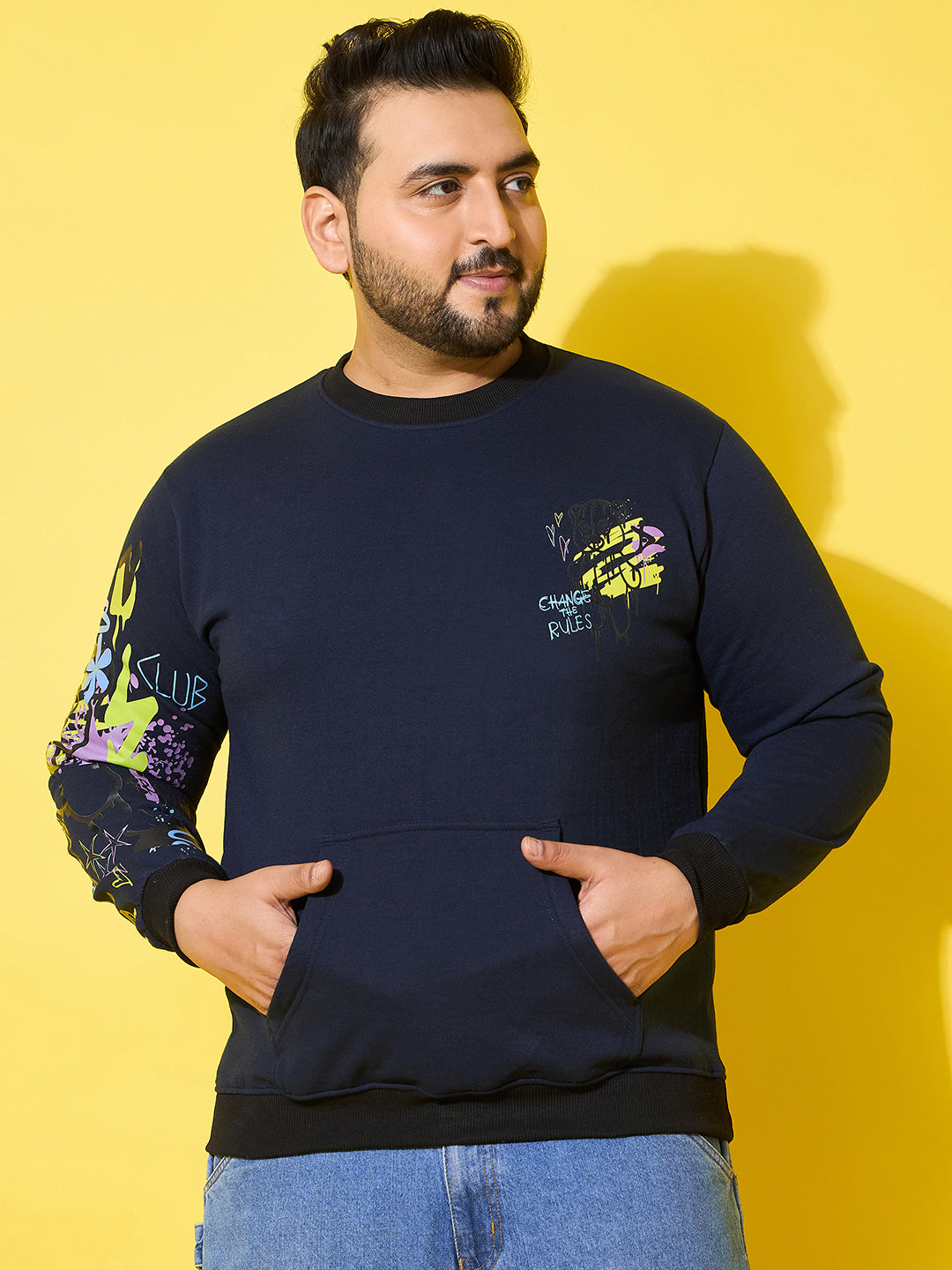 Men Plus Size Sketch-Navy Printed Sweatshirt