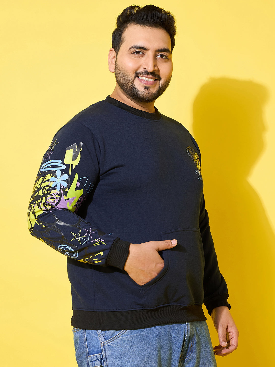 Men Plus Size Sketch-Navy Printed Sweatshirt