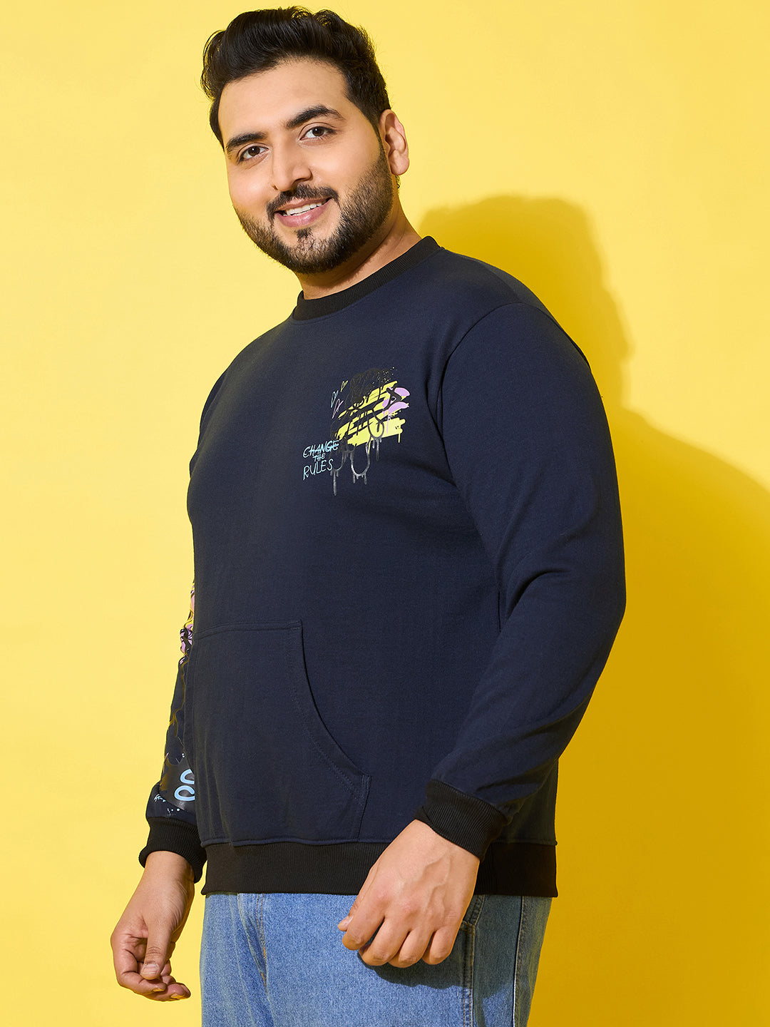 Men Plus Size Sketch-Navy Printed Sweatshirt